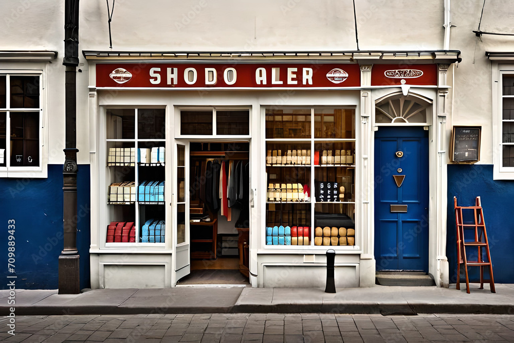 old european village facade , charming boutique storefront with blue painted door old european village facade , charming boutique storefront with blue painted door