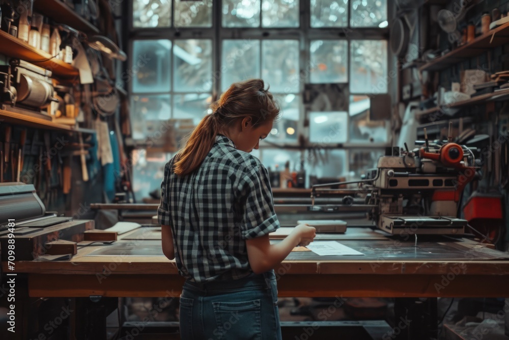 Woman working at the shed of a small business