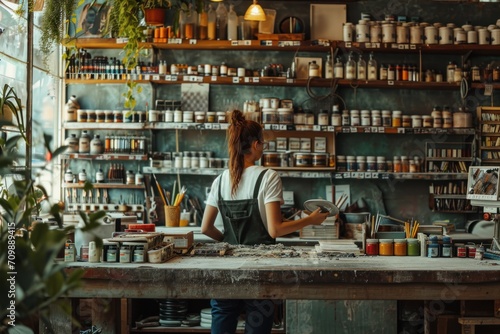 photograph of Woman is working at workshop. Concept of small business. wide angle lens realistic lighting --ar 3:2 --stylize 250 --v 6 Job ID: 097c3f8a-1acf-40ff-82a8-bd118fbb4214 © sirisakboakaew