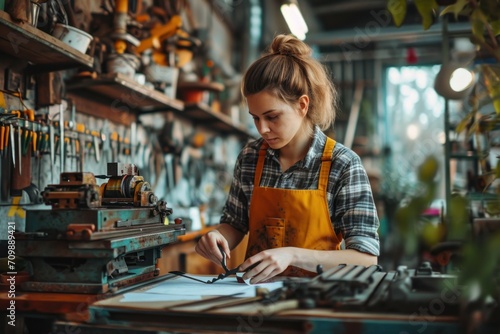 photograph of Woman is working at workshop. Concept of small business. wide angle lens realistic lighting --ar 3:2 --stylize 250 --v 6 Job ID: 097c3f8a-1acf-40ff-82a8-bd118fbb4214