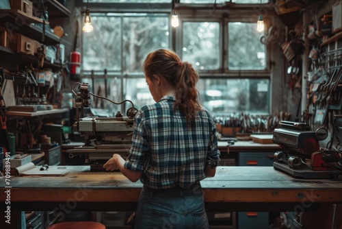 Woman working at the shed of a small business