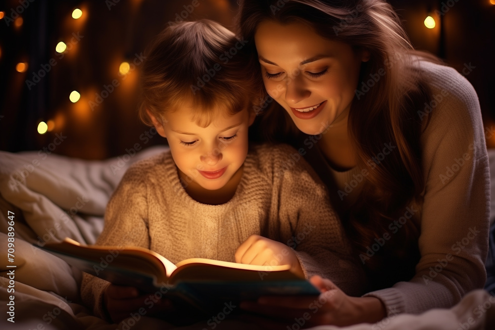Mom reads a book to her little child, sitting on the sofa and covered with a blanket, lamp light Mom reads a book to her little child, sitting on the sofa and covered with a blanket, lamp light