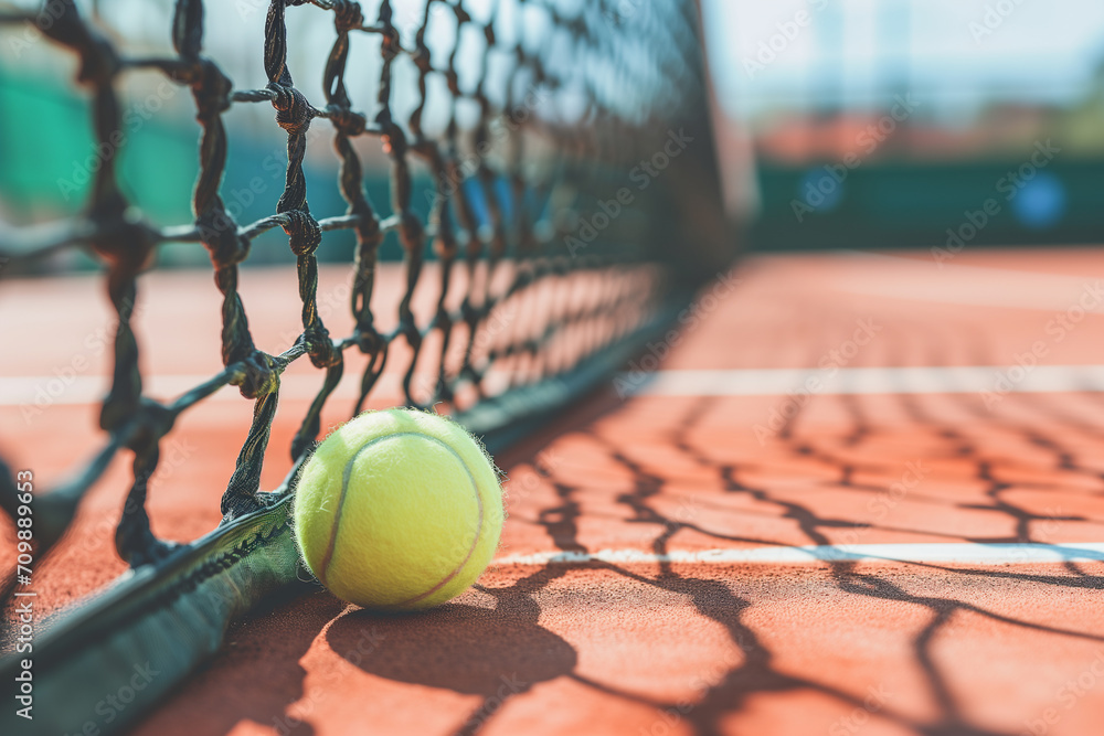 Tennis ball lies on the court near the net