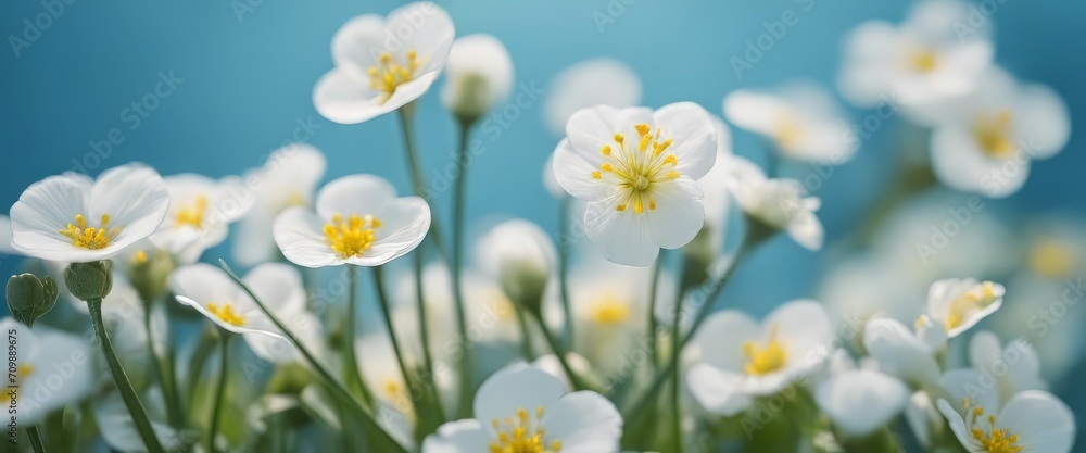 Spring forest white flowers primroses on a beautiful blue background macro. Blurred gentle sky Spring forest white flowers primroses on a beautiful blue background macro. Blurred gentle sky