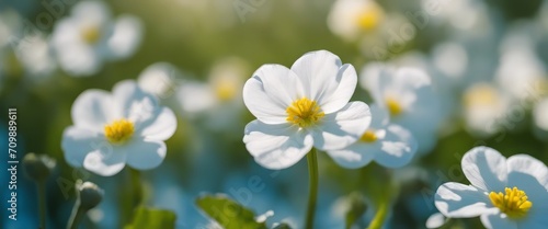 Spring forest white flowers primroses on a beautiful blue background macro. Blurred gentle sky