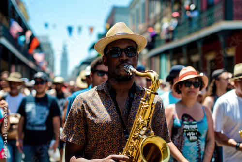 Festival de Jazz en Nueva Orleans: Escena de músicos y desfile en las calle