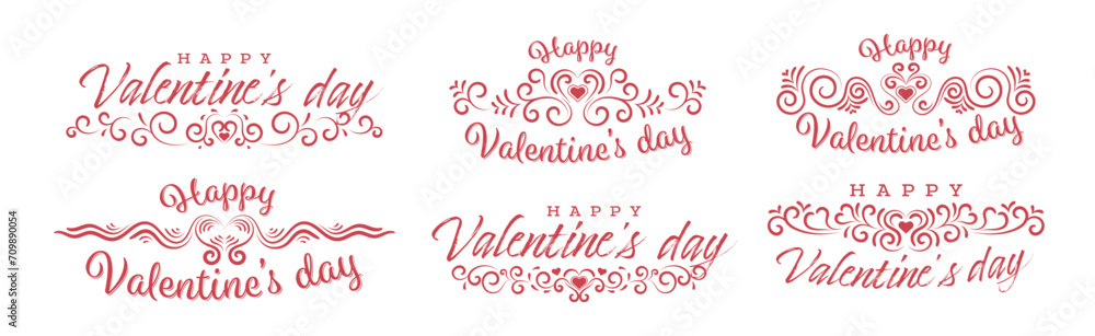 Line art, happy valentines day text set, vintage love decoration. Red love concept labels with valentine's day text to use for love greetings, valentine's day card. Hand drawn love concept vector set.