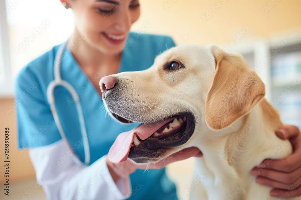 caring woman veterinarian examines a dog at an appointment