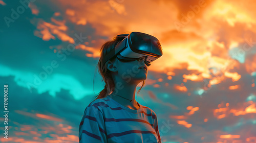 A young person playing games in virtual reality, metaverse, lost in virtual reality, augmented reality ar, vr,