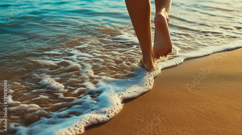 close-up of female legs walking on the sea beach