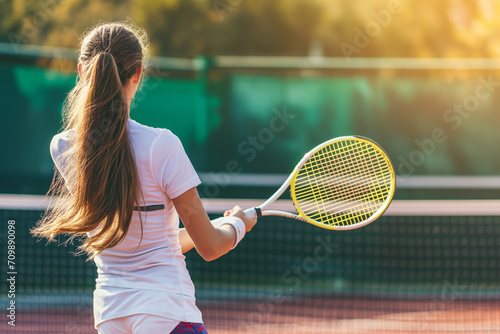 a girl plays tennis on a sunny day