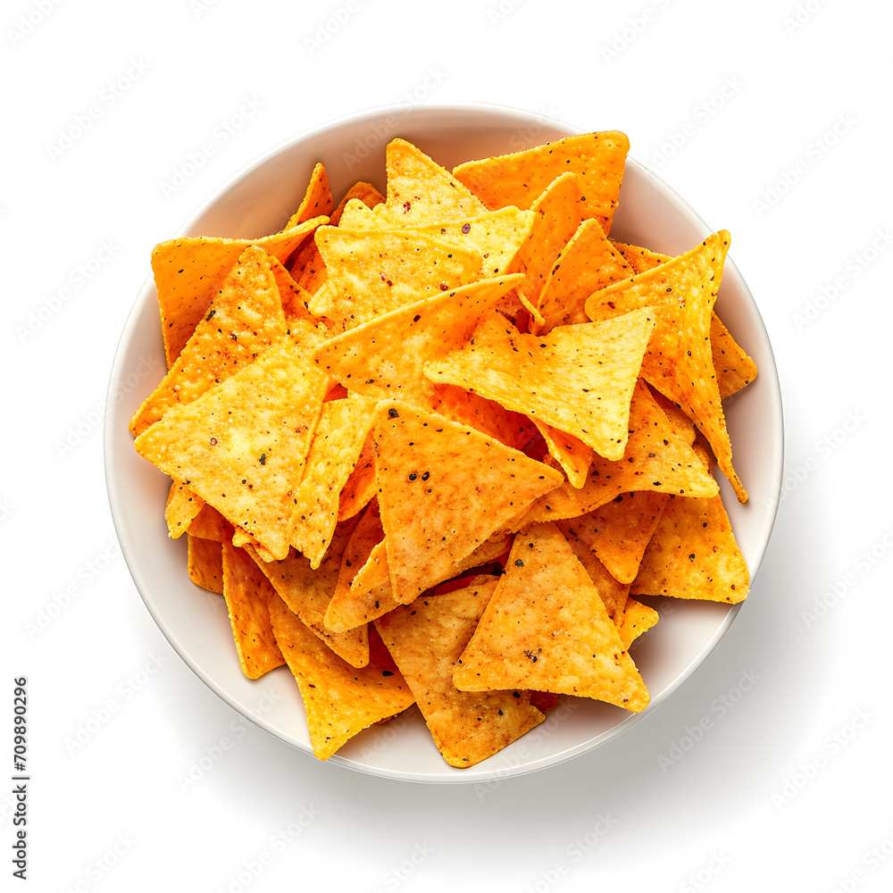 Corn chips nachos on white bowl, top view, isolated on white background Corn chips nachos on white bowl, top view, isolated on white background