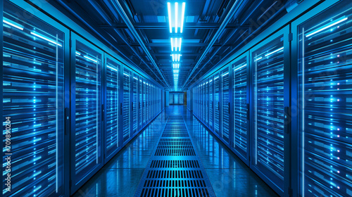 Futuristic Data Center: High-Tech Servers Illuminated in Cool Blue Tones