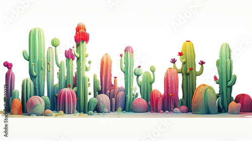 Group of Colorful Cactuses Aligned in a Row, Vibrant Desert Plants Arranged in a Line