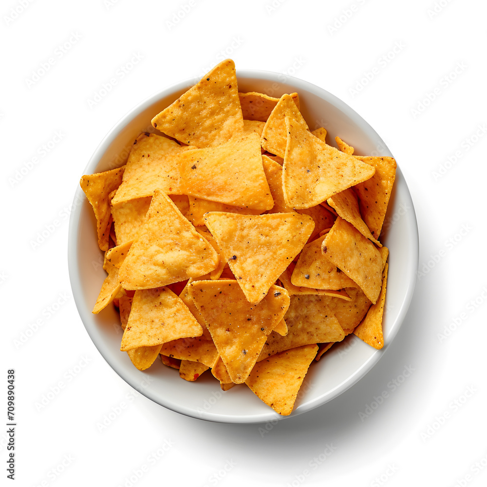 Corn chips nachos on white bowl, top view, isolated on white background