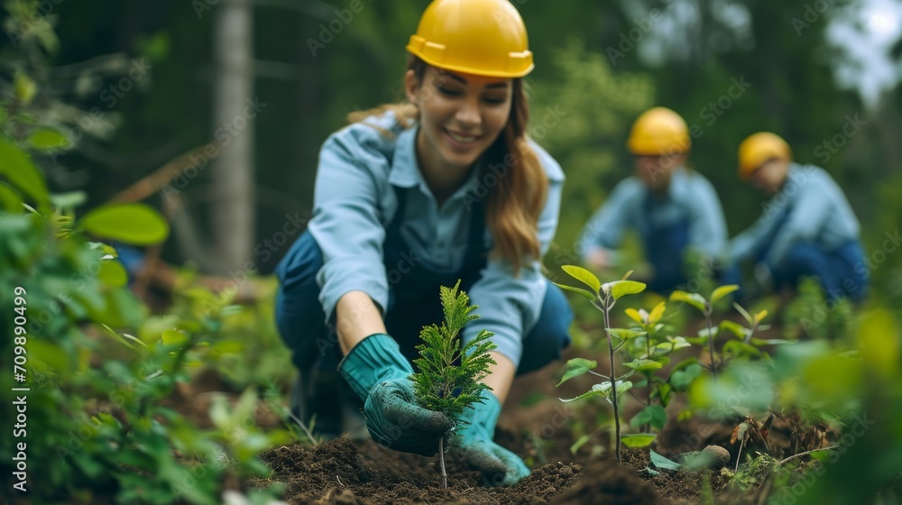 Volunteers plant trees together in a nature campaign