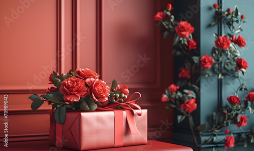 A gift of love. Gift box and red roses. Edited AI illustration. 