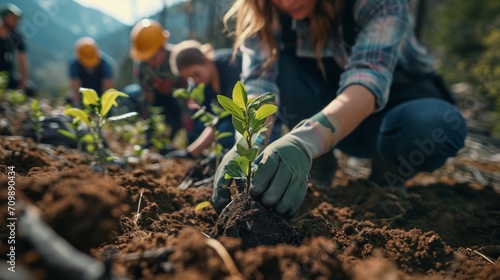 Volunteers plant trees together in a nature campaign photo