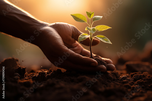 Nurturing Growth: Hand Tenderly Supports a Young Plant in Golden Light