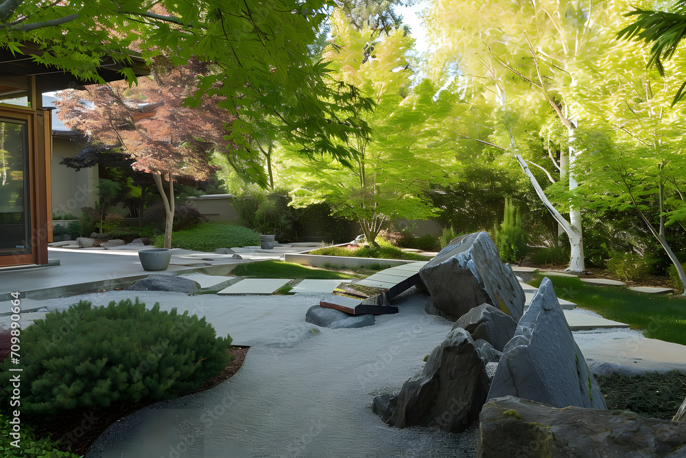 ZenGartenlandschaft Eine harmonische Gartenidylle mit Zengarten, eine