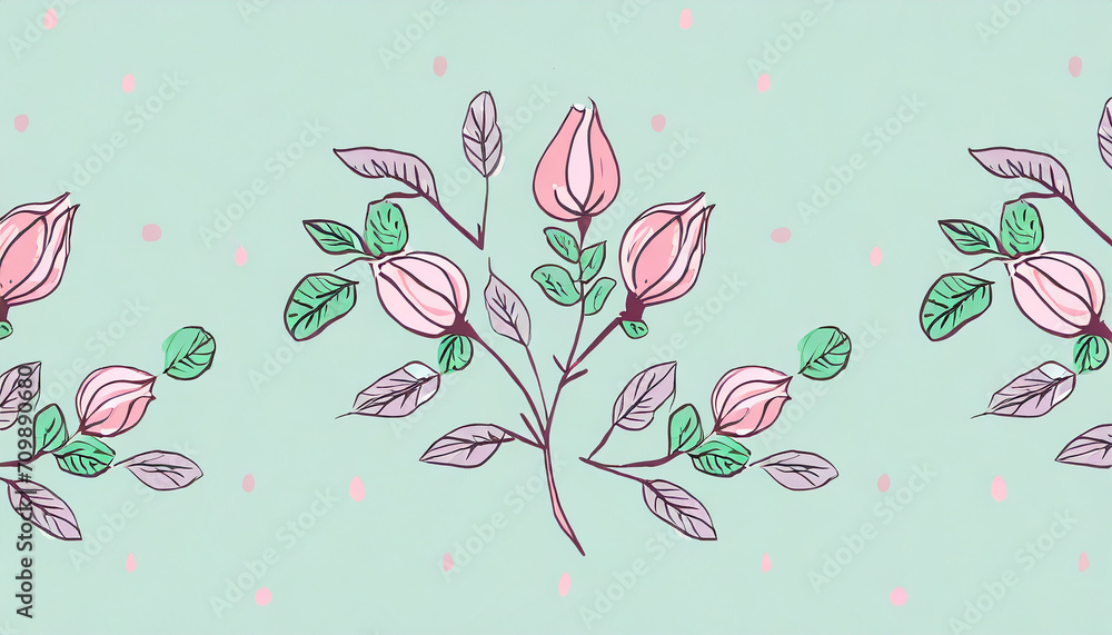 Fototapeta premium floral pattern, two pink rosebuds and a branch of mint
