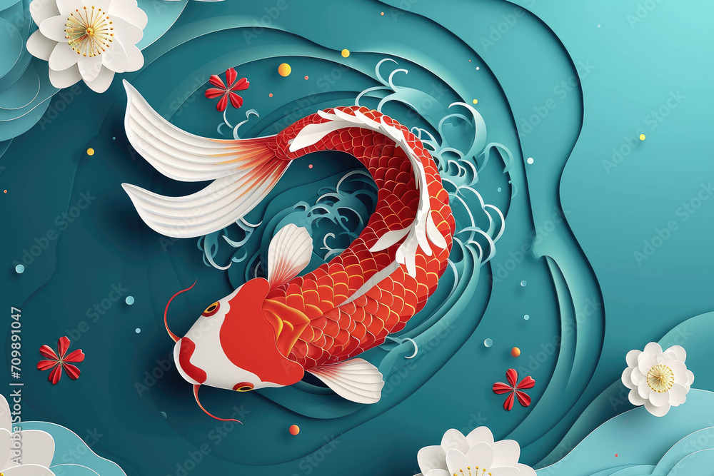 lucky koi fish in the water, Chinese new year and spring festival, poster and greeting card template, paper cut - obrazy, fototapety, plakaty 