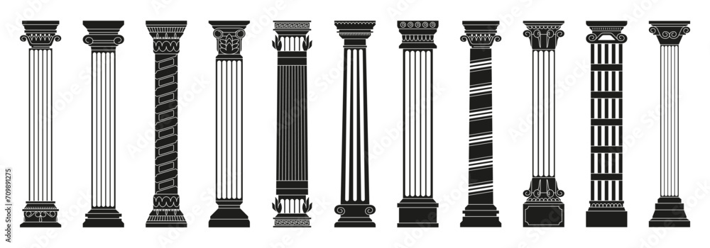 Black antique columns. Ancient roman doric columns with carved decorative elements, old greek architecture construction parts, mediterranean classic. Vector isolated set. Objects for building facade - obrazy, fototapety, plakaty 