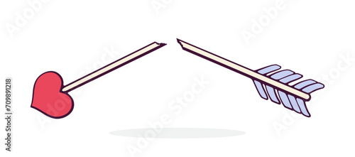 Broken Cupid Arrow with a Heart Shaped Tip. Valentines Day Symbol. Vector Illustration. Hand drawn Cartoon Clip Art with Outline. Design Element Isolated on White Background