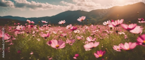 Vintage landscape nature background of beautiful cosmos flower field on sky with sunlight in spring