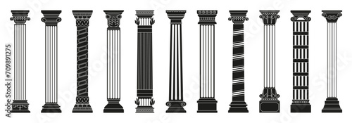Black antique columns. Ancient roman doric columns with carved decorative elements, old greek architecture construction parts, mediterranean classic. Vector isolated set. Objects for building facade