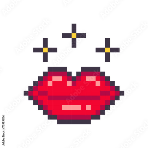Red lips isolated on white background. Female mouth pixel icon. Smile. Romantic symbol. Vector illustration in 8 bit old style.