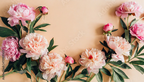 Flower composition. Frame made of pink peony flowers on peach color background. Flat lay. Top view. Womens day, Valentines day, Wedding or anniversary card with copy space