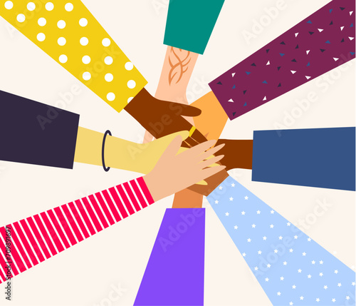 Flat illustration about celebrating friendship and bond. All hands together to represent unity and diversity.