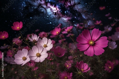 Banner showing vibrant pink and purple night sky filled with cosmos. Generative AI