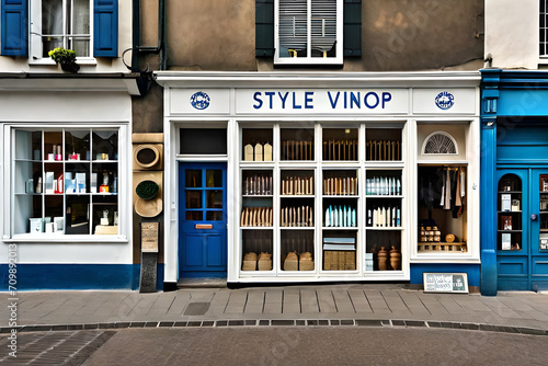 old european village facade , charming mediterranean boutique storefront painted in blue