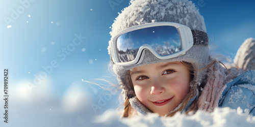 Banner with cute smiling ski girl with snow copy space as the background. Shallow depth of field. 
