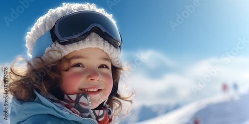 Banner with cute smiling ski girl with snow copy space as the background.