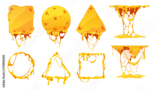 Melted cheese frames. Cartoon melting cheddar slices for fondue, dripping mozzarella for sauce or pasta, tasty dairy product. Vector isolated set. Triangle, square and circle shapes