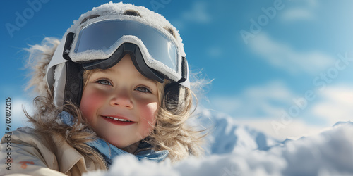 Banner with cute smiling boy in a ski helmet with snowy copy space  with place for text.