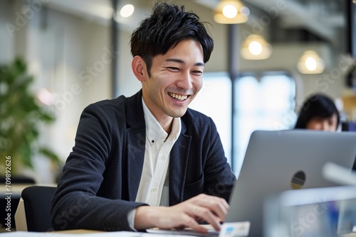 パソコンに向かって笑う日本人男性（打ち合わせ・商談・リモート会議） photo