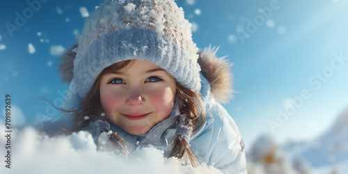 Banner with cute smiling girl with snowy copy space with place for text. Shallow depth of field.