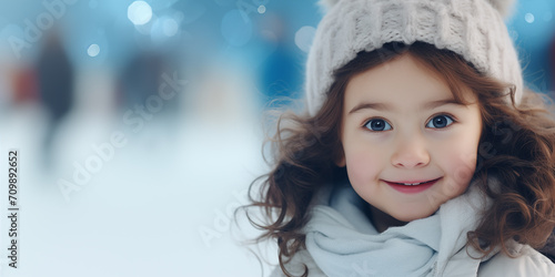 Banner with cute smiling girl with snowy copy space as the background. Shallow depth of field. 