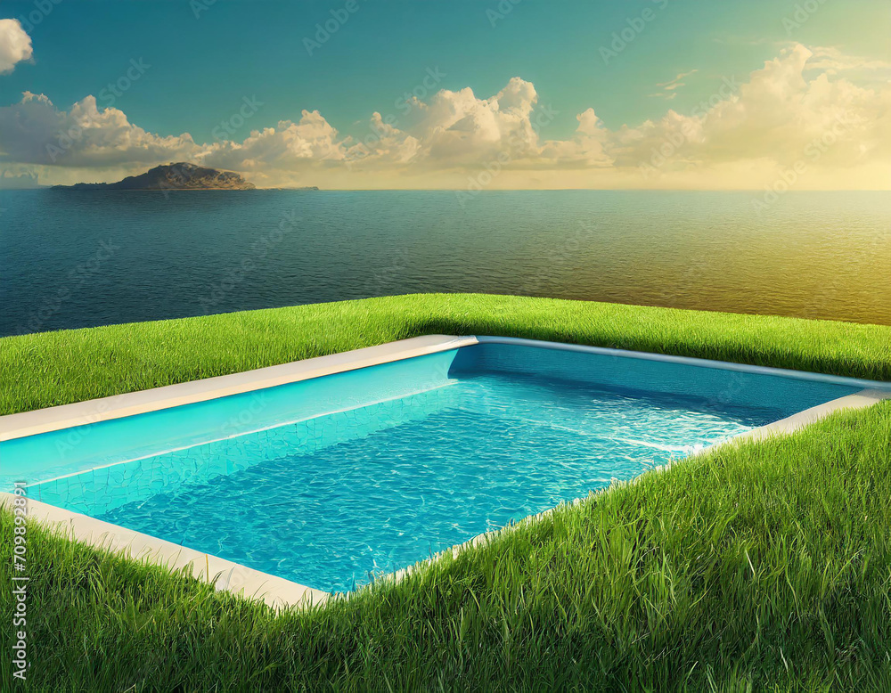 Generic swimming pool with surrounding grass. 3D illustration