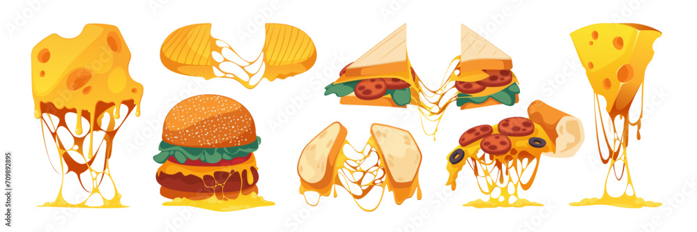 Melted cheese sandwich. Cartoon stretched mozzarella with grilled cheese, fast food with dripping cheese and sauce flat design. Vector set. Hot burger, pizza slice and toast with cheddar Melted cheese sandwich. Cartoon stretched mozzarella with grilled cheese, fast food with dripping cheese and sauce flat design. Vector set. Hot burger, pizza slice and toast with cheddar