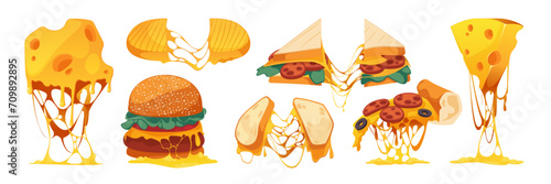 Melted cheese sandwich. Cartoon stretched mozzarella with grilled cheese, fast food with dripping cheese and sauce flat design. Vector set. Hot burger, pizza slice and toast with cheddar