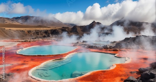 A serene scene featuring volcanic hot springs amidst a rugged landscape, with geothermal pools of steaming water surrounded by mineral-rich rocks and colorful microbial mats - Generative AI