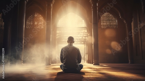 Religious Asian Muslim man praying inside mosque with sunlight and smoke. copy space - generative ai