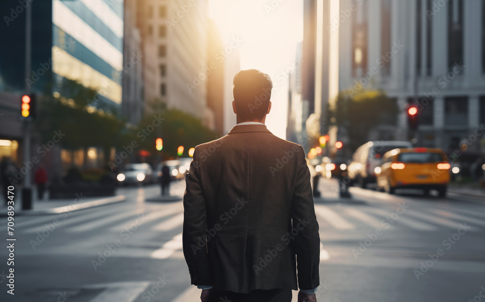 Businessman in a city. Back side of young man student standing on city street at sunrise