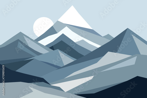 Cold mountains flat illustration. Abstract simple landscape. Blue and gray hills. Vector design art