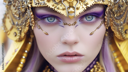 Beautiful, Expressive French supermodel in ornate purple armor.